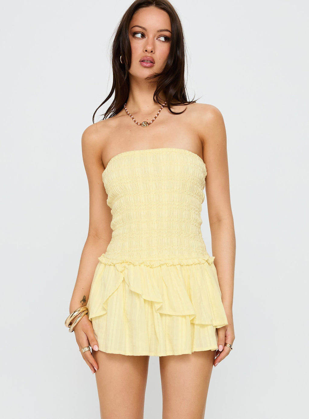 Ayanni Shirred Strapless Mini Playsuit Yellow