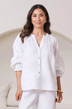Adriana Long Sleeve Linen Top in White