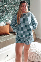 Blue Checkered Plaid Pullover Shorts Maternity Set