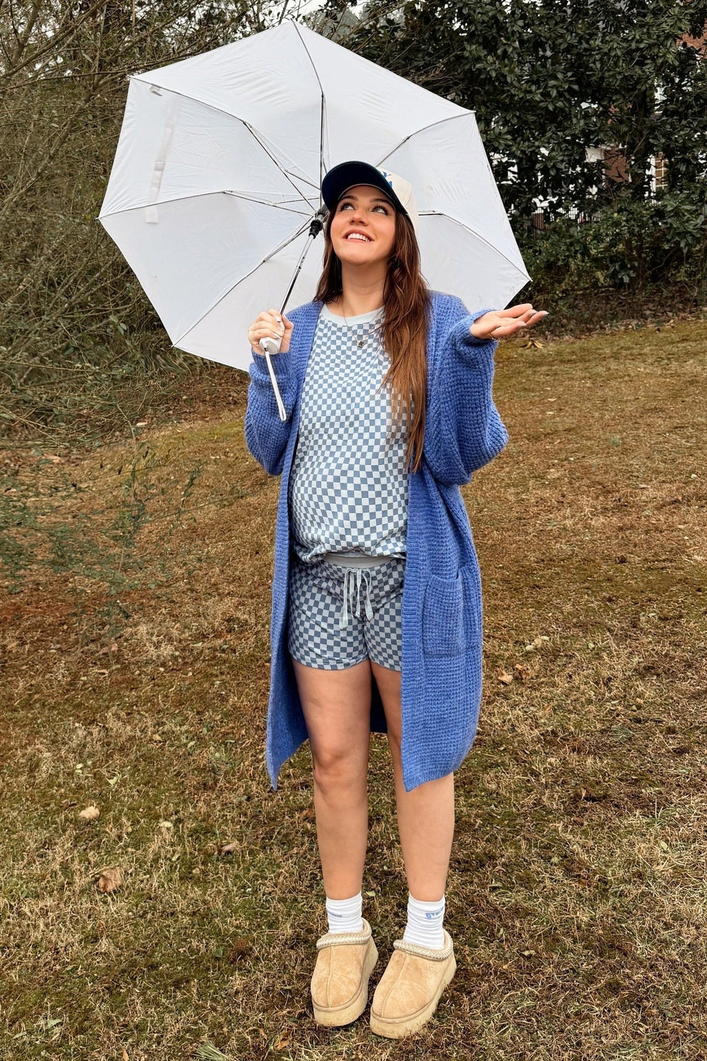 Blue Checkered Plaid Pullover Shorts Maternity Set