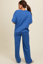 Blue Textured Knit Oversized Tee And Pants Maternity Set