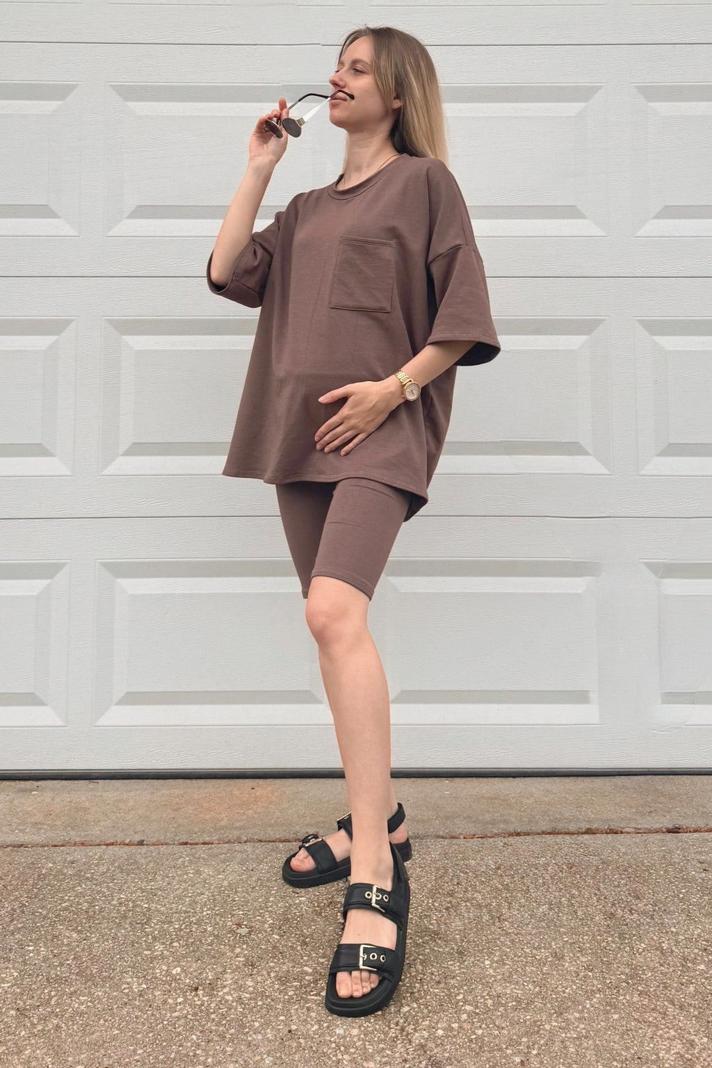 Brown Oversized Short Sleeve Biker Short Maternity Set