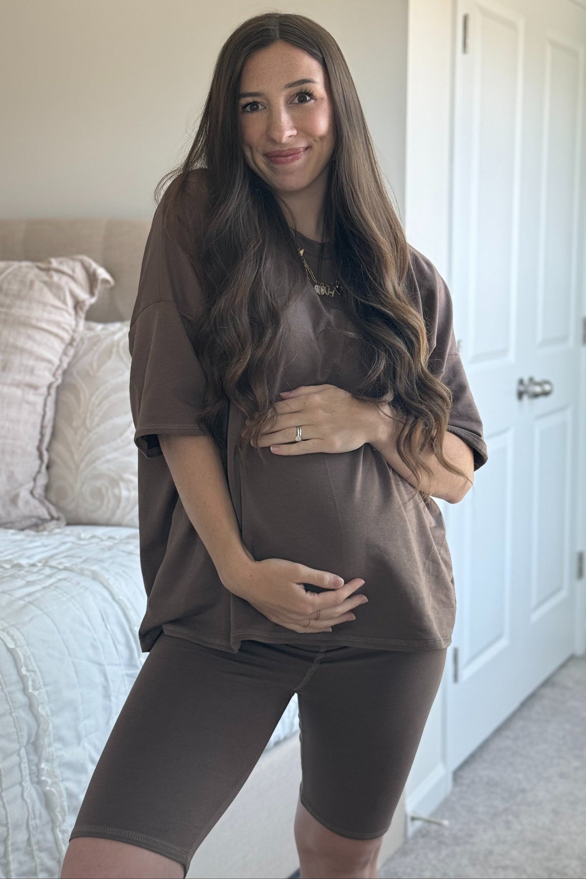 Brown Oversized Short Sleeve Biker Short Maternity Set