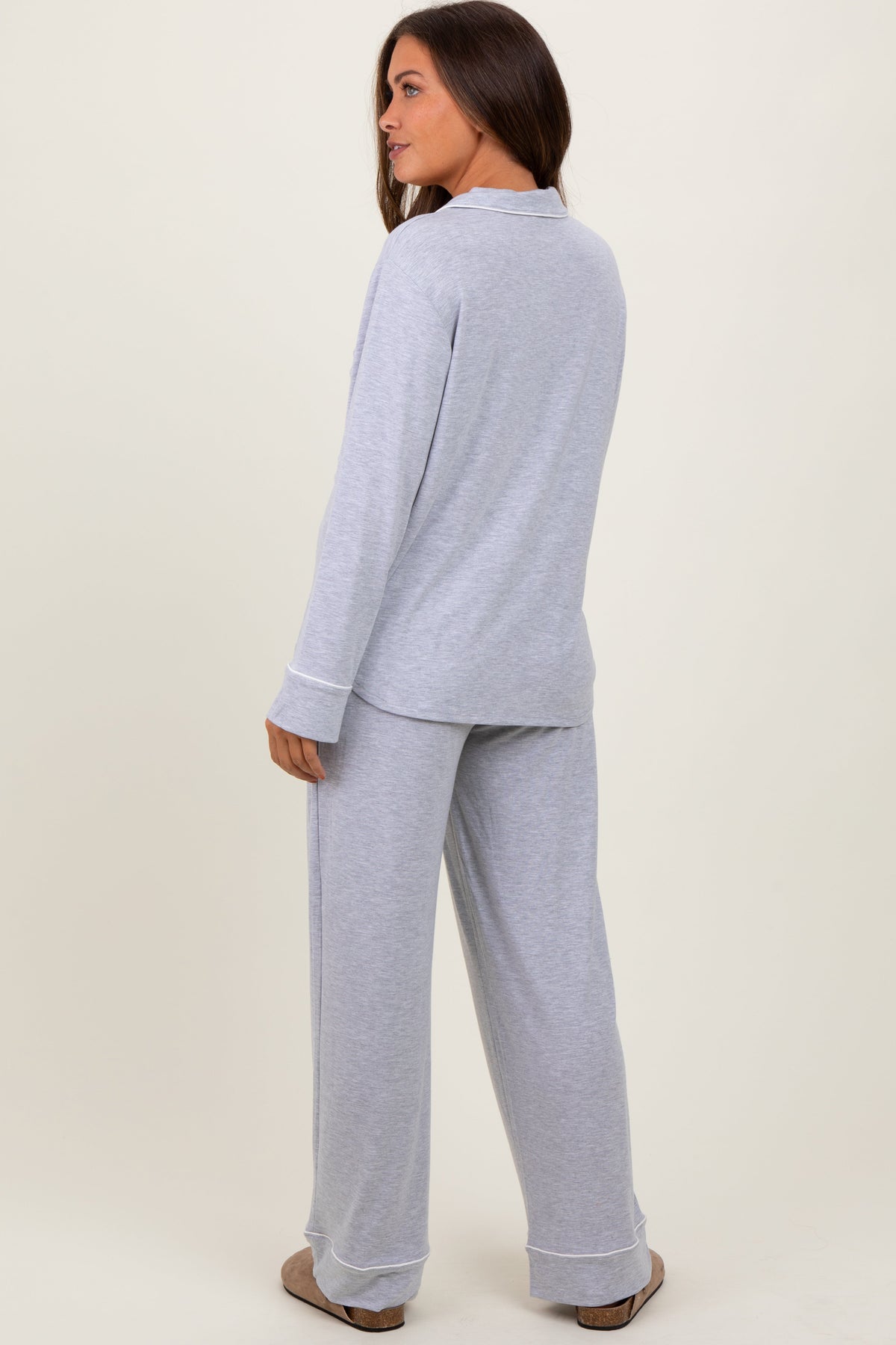 Heather Grey Button Down Top Wide Leg Pant Maternity Pajama Set