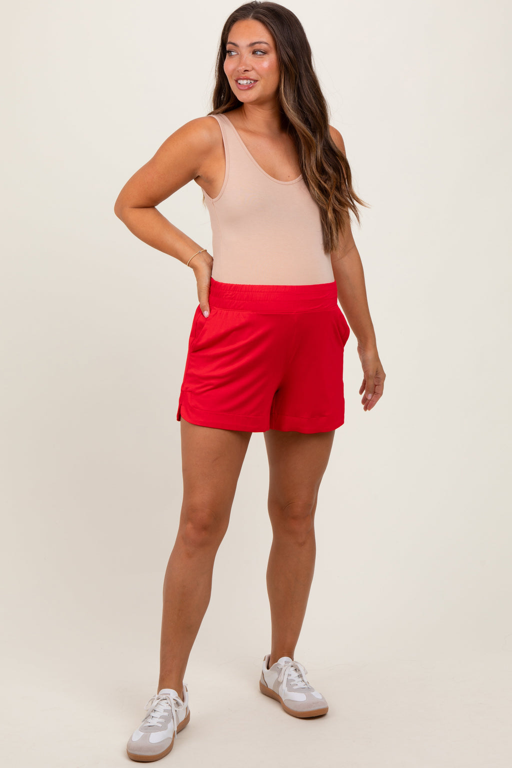 Red Basic Rounded Hem Maternity Shorts