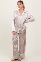 Cream Satin Contrast Trim Long Sleeve Maternity Pajama Set