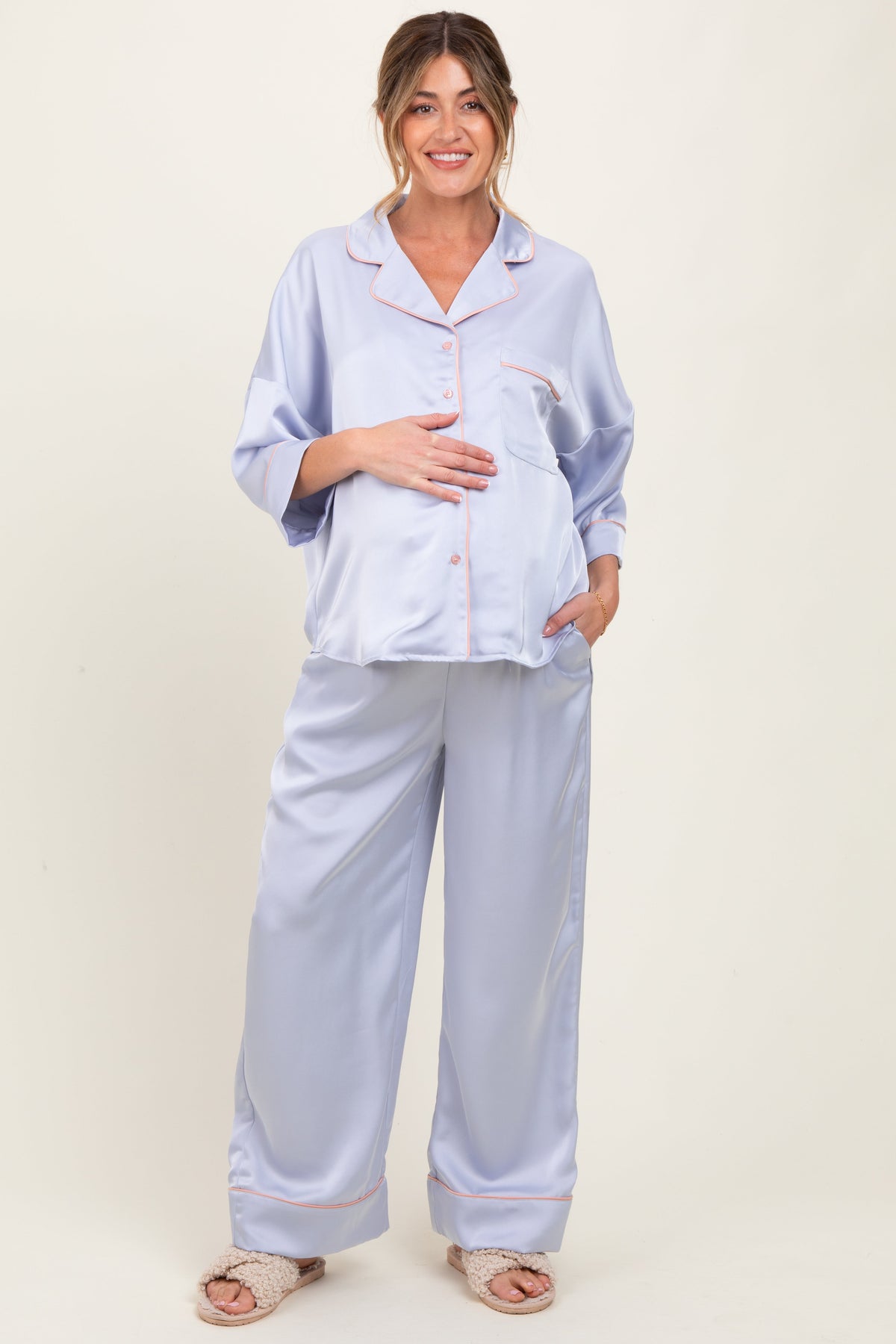 Light Blue Satin Contrast Trim Pajama Pant Maternity Set
