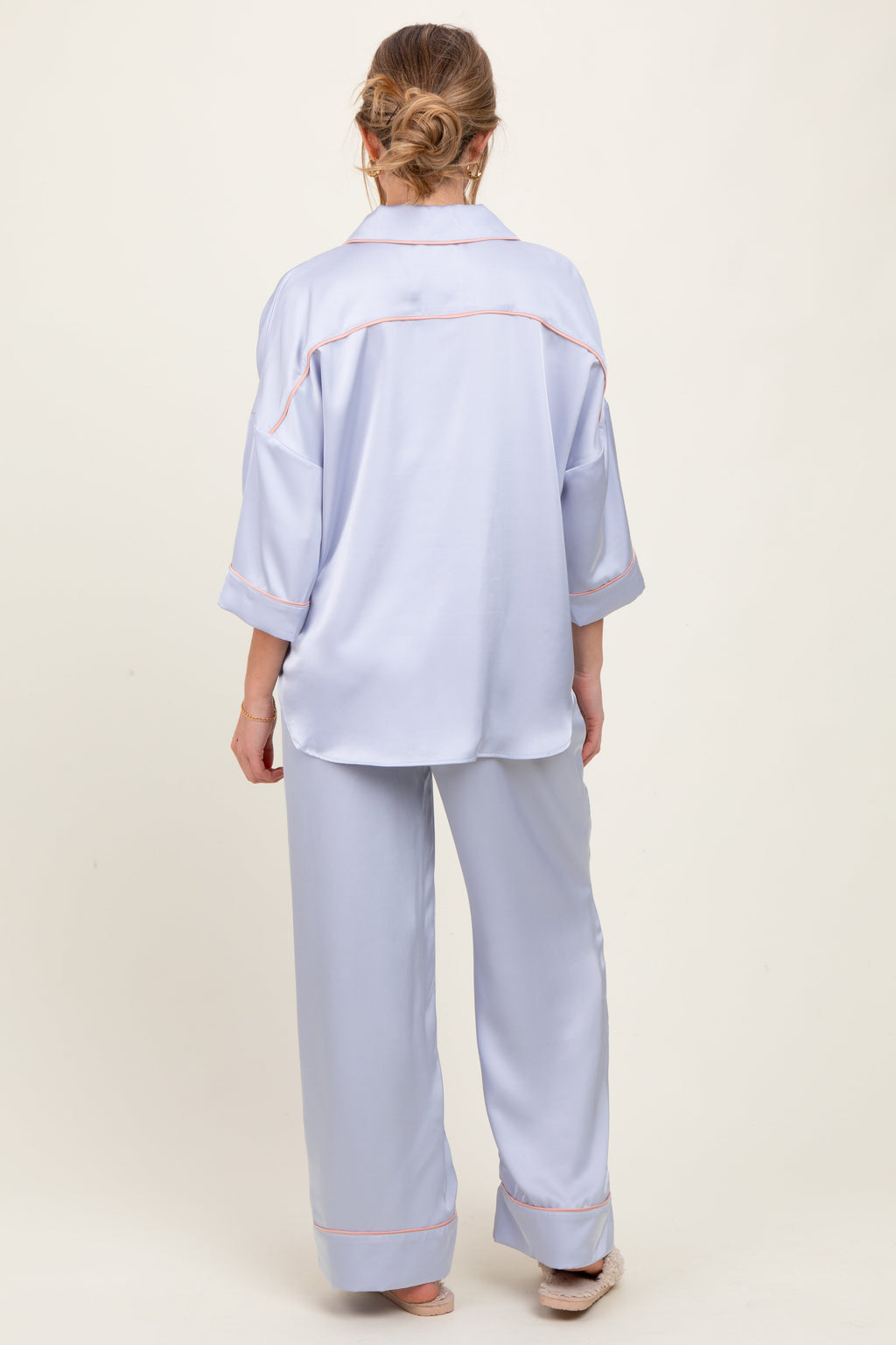 Light Blue Satin Contrast Trim Pajama Pant Maternity Set