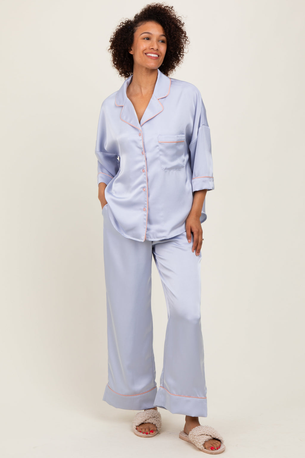 Light Blue Satin Contrast Trim Pajama Pant Maternity Set