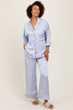 Light Blue Satin Contrast Trim Pajama Pant Maternity Set