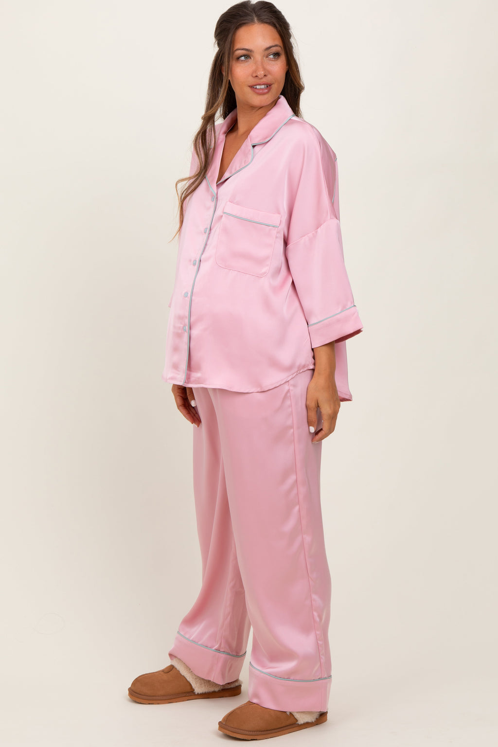 Pink Satin Contrast Trim Pajama Pant Maternity Set