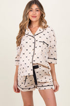 Cream Bow Print Gingham Pajama Short Maternity Set