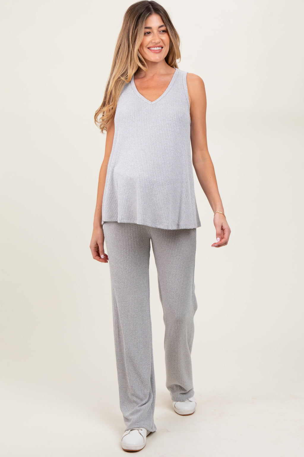 Heather Grey Rib Knit Tank and Pant Maternity Set