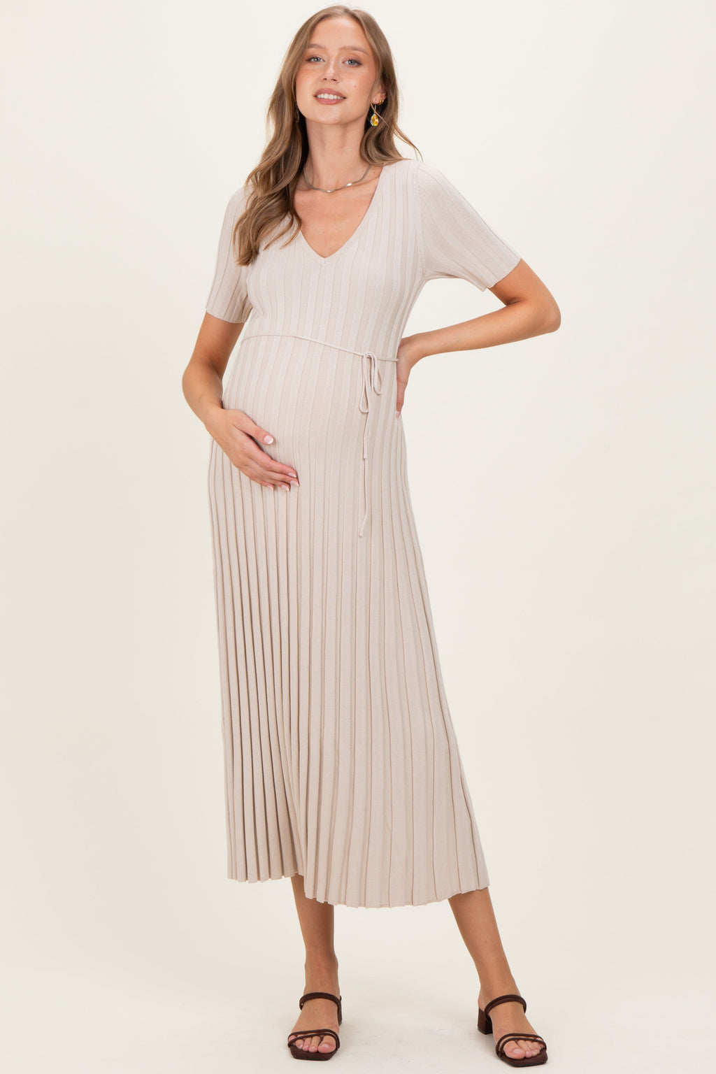 Taupe Ribbed Short Sleeve Maternity Knit Maxi Dress