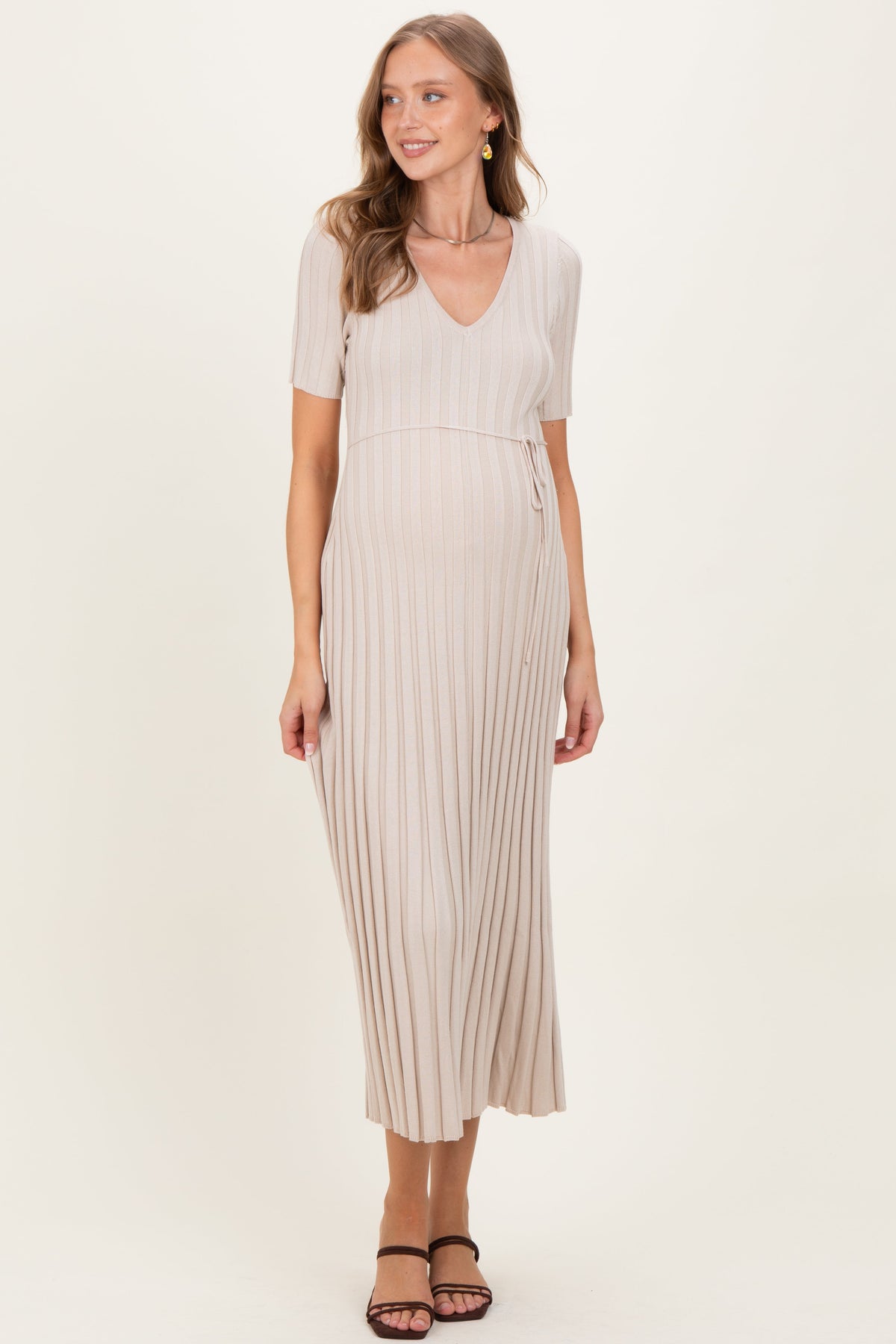 Taupe Ribbed Short Sleeve Maternity Knit Maxi Dress
