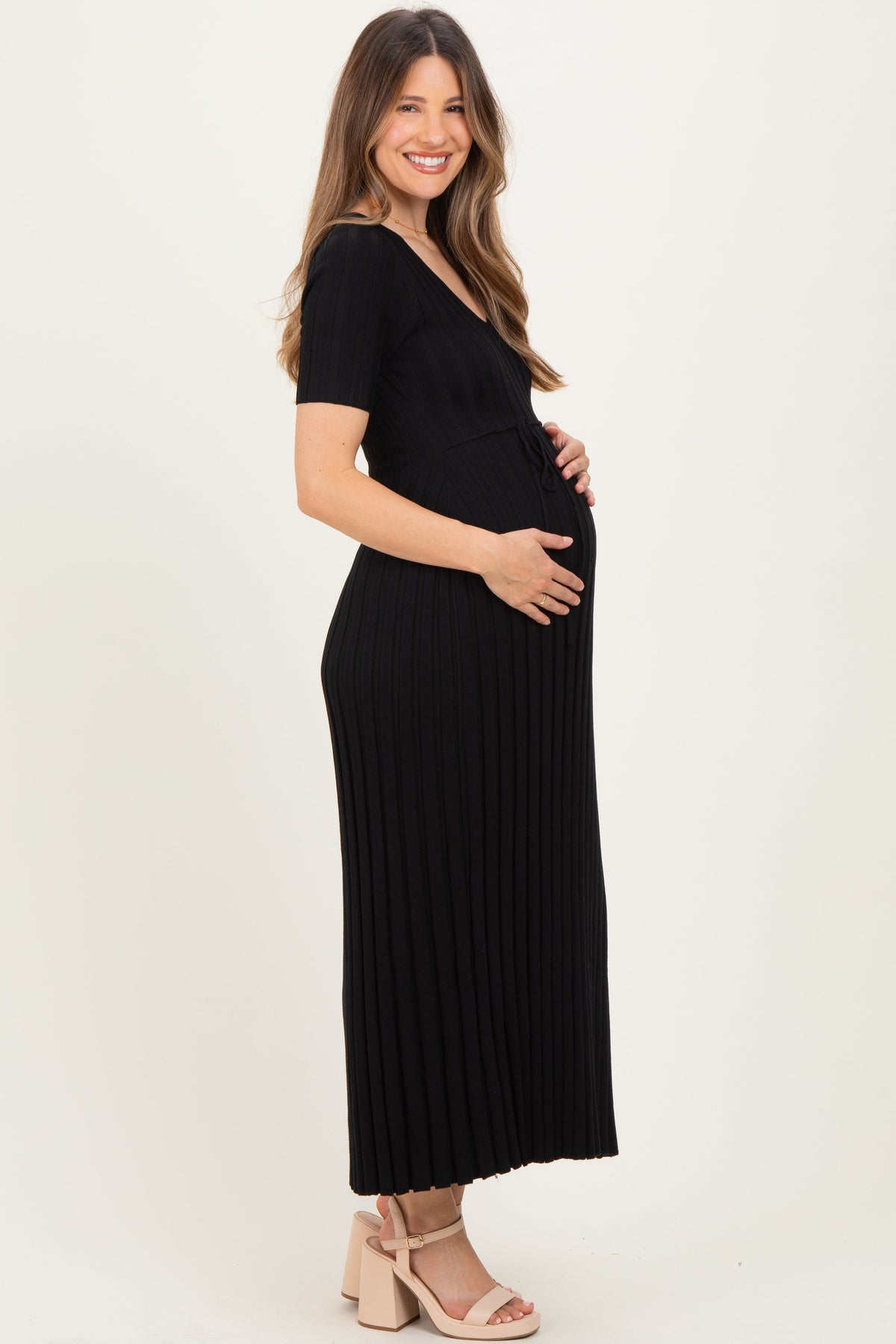 Black Ribbed Short Sleeve Maternity Knit Maxi Dress