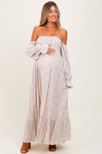 Cream Floral Smocked Off Shoulder Maternity Maxi Dress