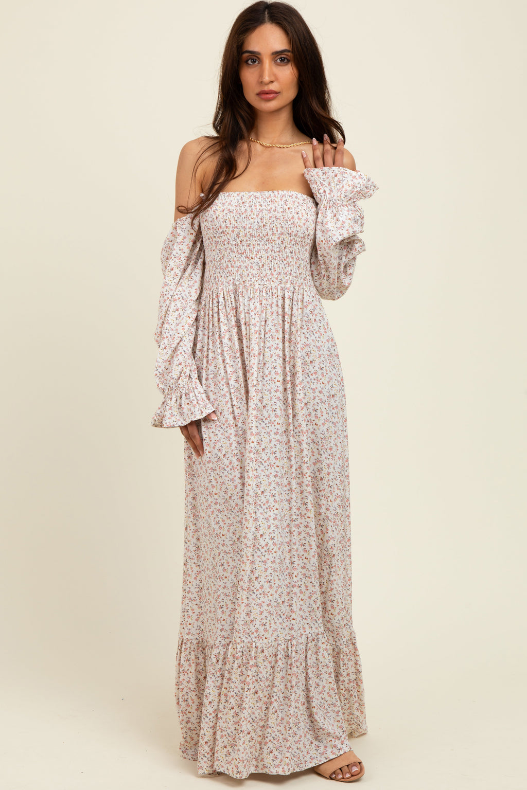 Cream Floral Smocked Off Shoulder Maternity Maxi Dress