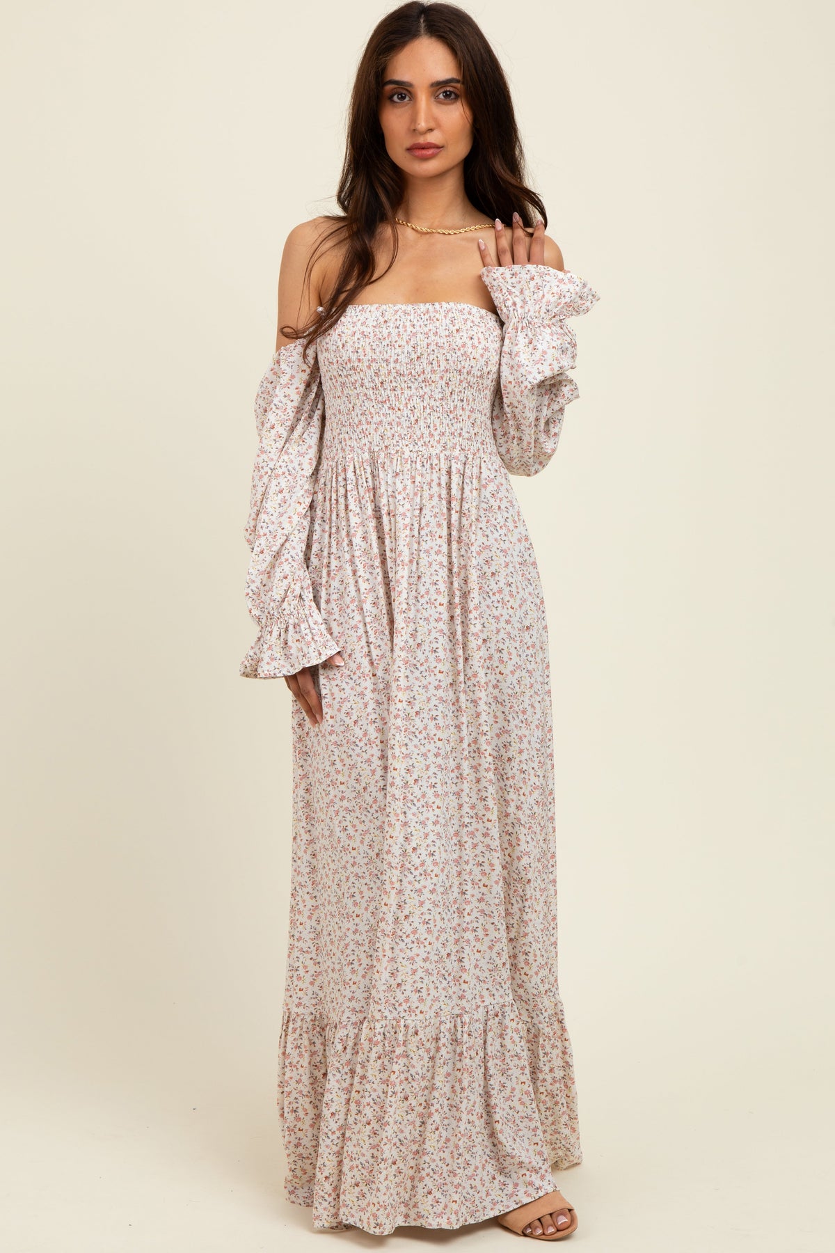 Cream Floral Smocked Off Shoulder Maternity Maxi Dress
