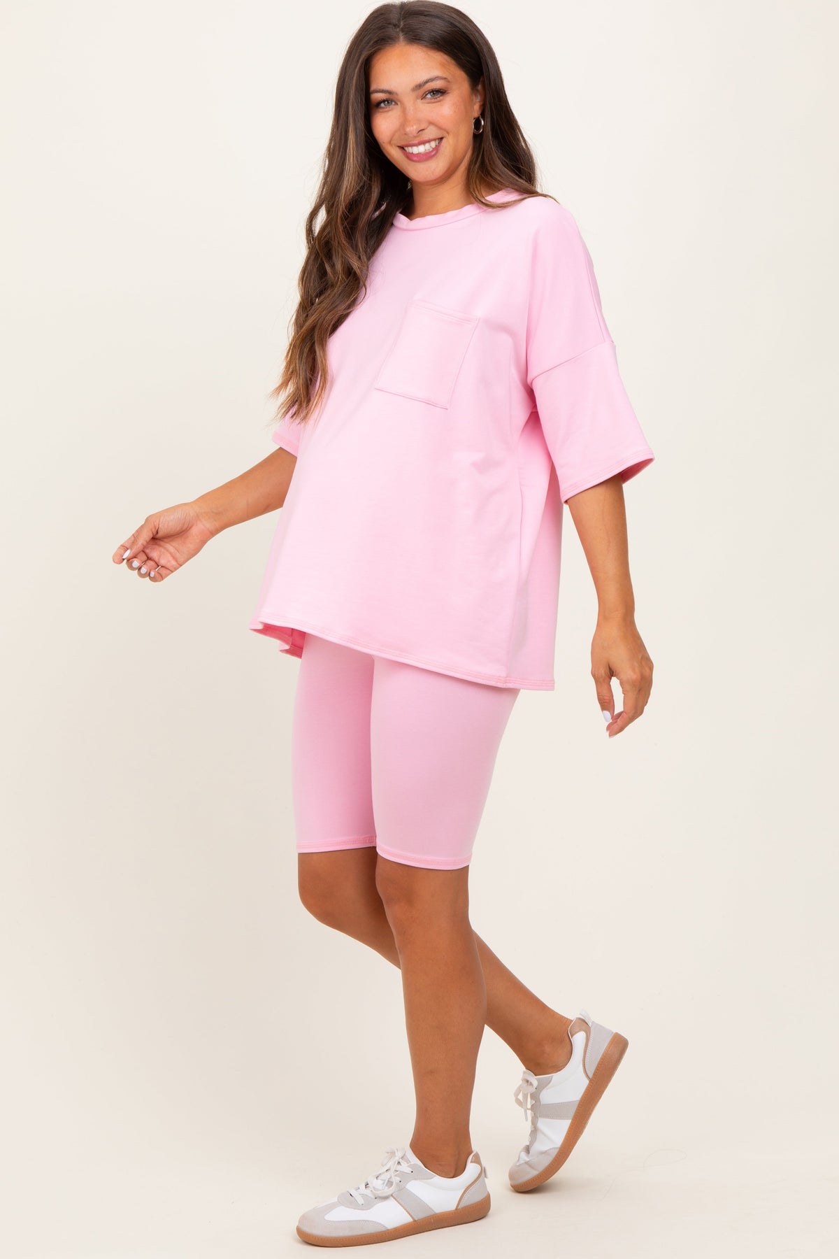 Light Pink Oversized Short Sleeve Biker Short Maternity Set