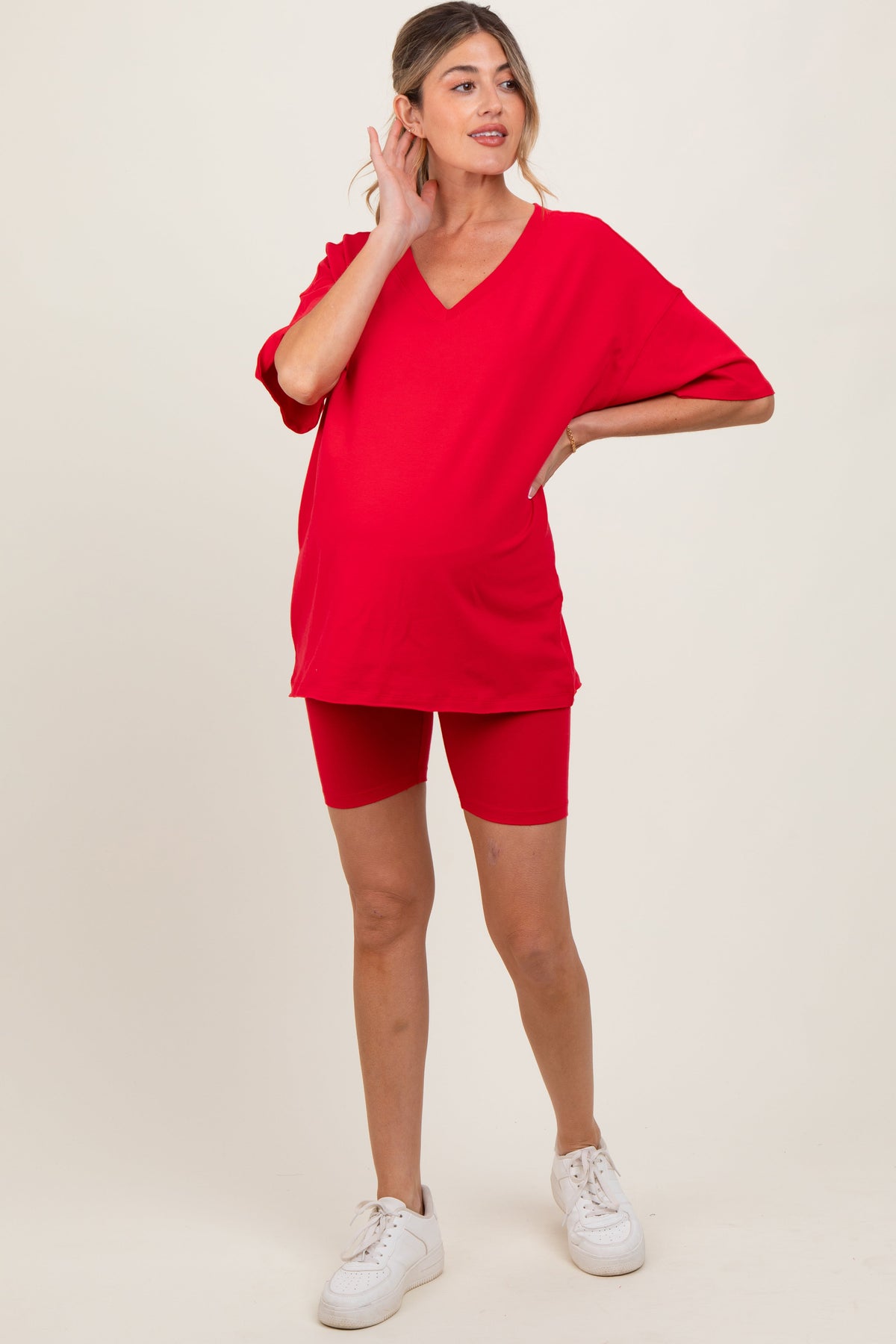 Red Oversized V-Neck Biker Short Maternity Set
