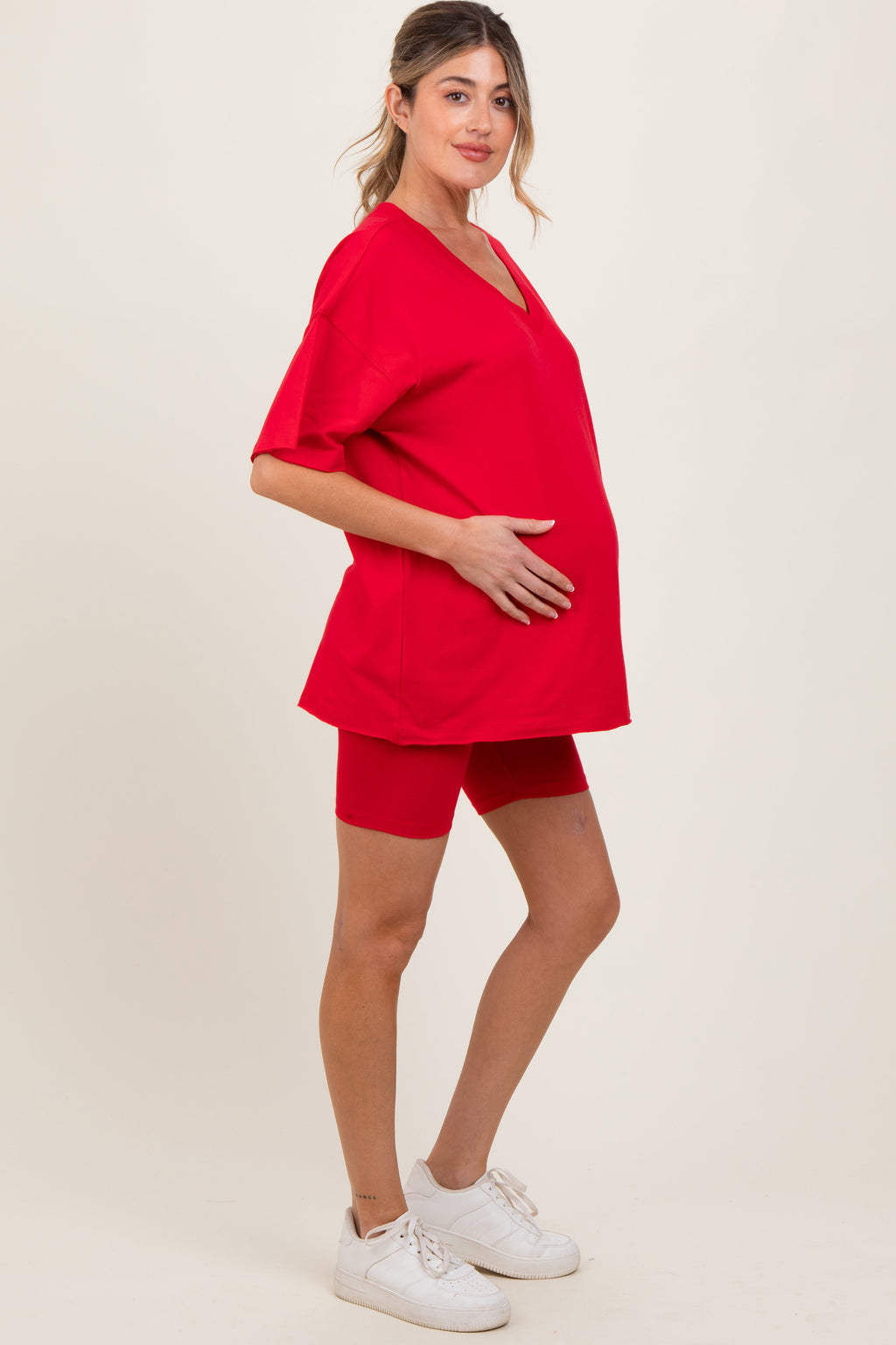 Red Oversized V-Neck Biker Short Maternity Set