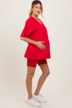 Red Oversized V-Neck Biker Short Maternity Set