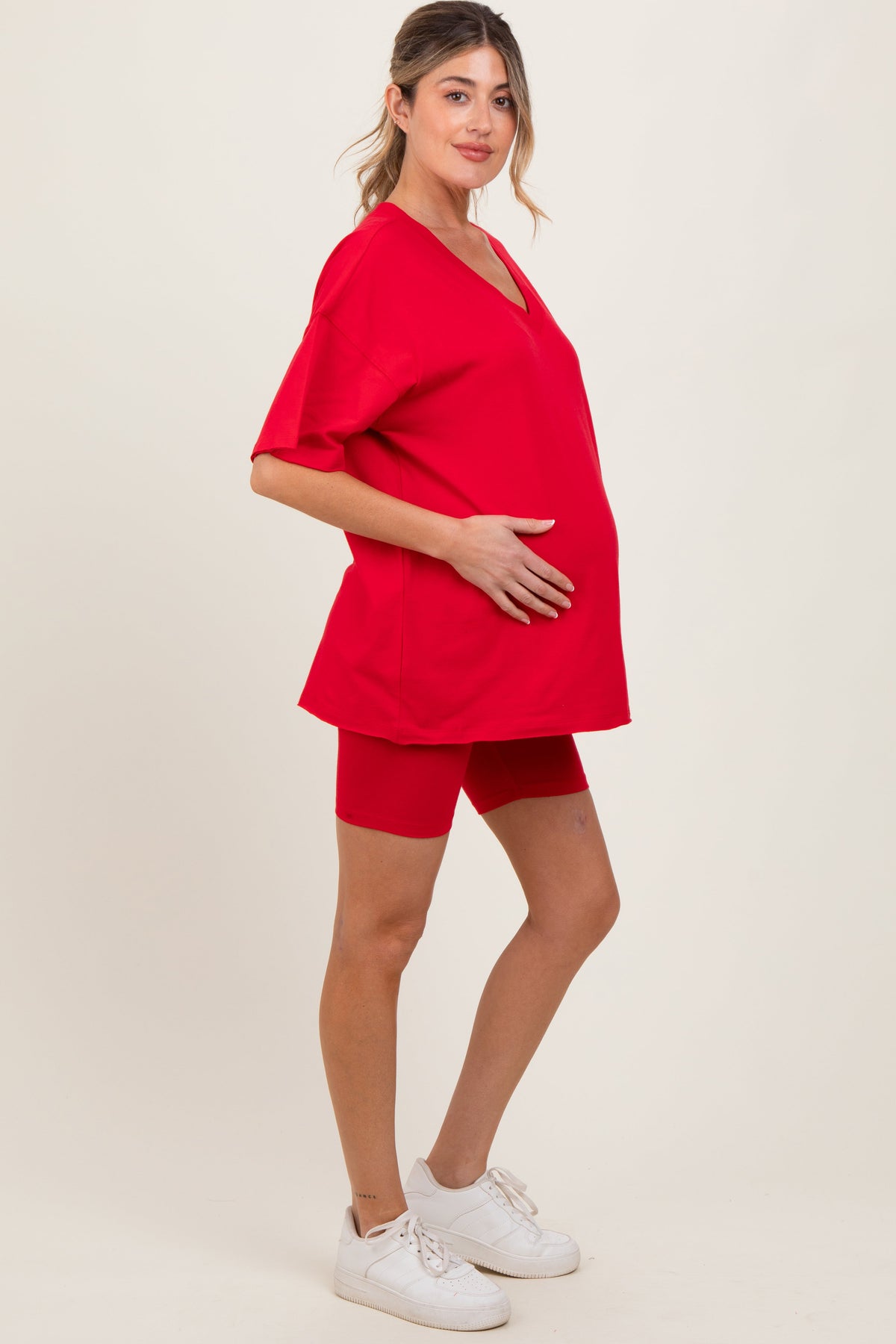 Red Oversized V-Neck Biker Short Maternity Set