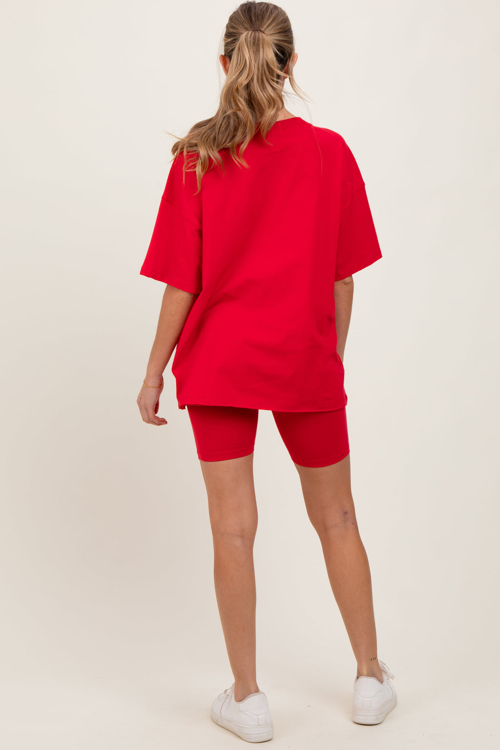 Red Oversized V-Neck Biker Short Maternity Set