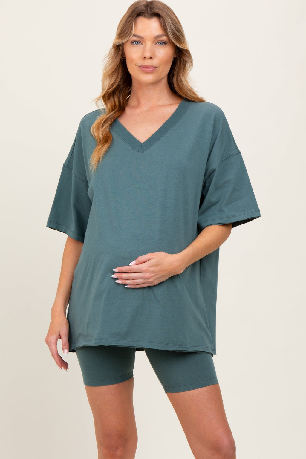 Light Olive Oversized V-Neck Biker Short Maternity Set