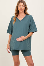 Light Olive Oversized V-Neck Biker Short Maternity Set