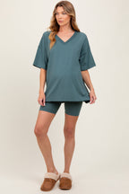 Light Olive Oversized V-Neck Biker Short Maternity Set