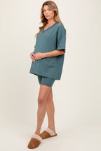 Light Olive Oversized V-Neck Biker Short Maternity Set