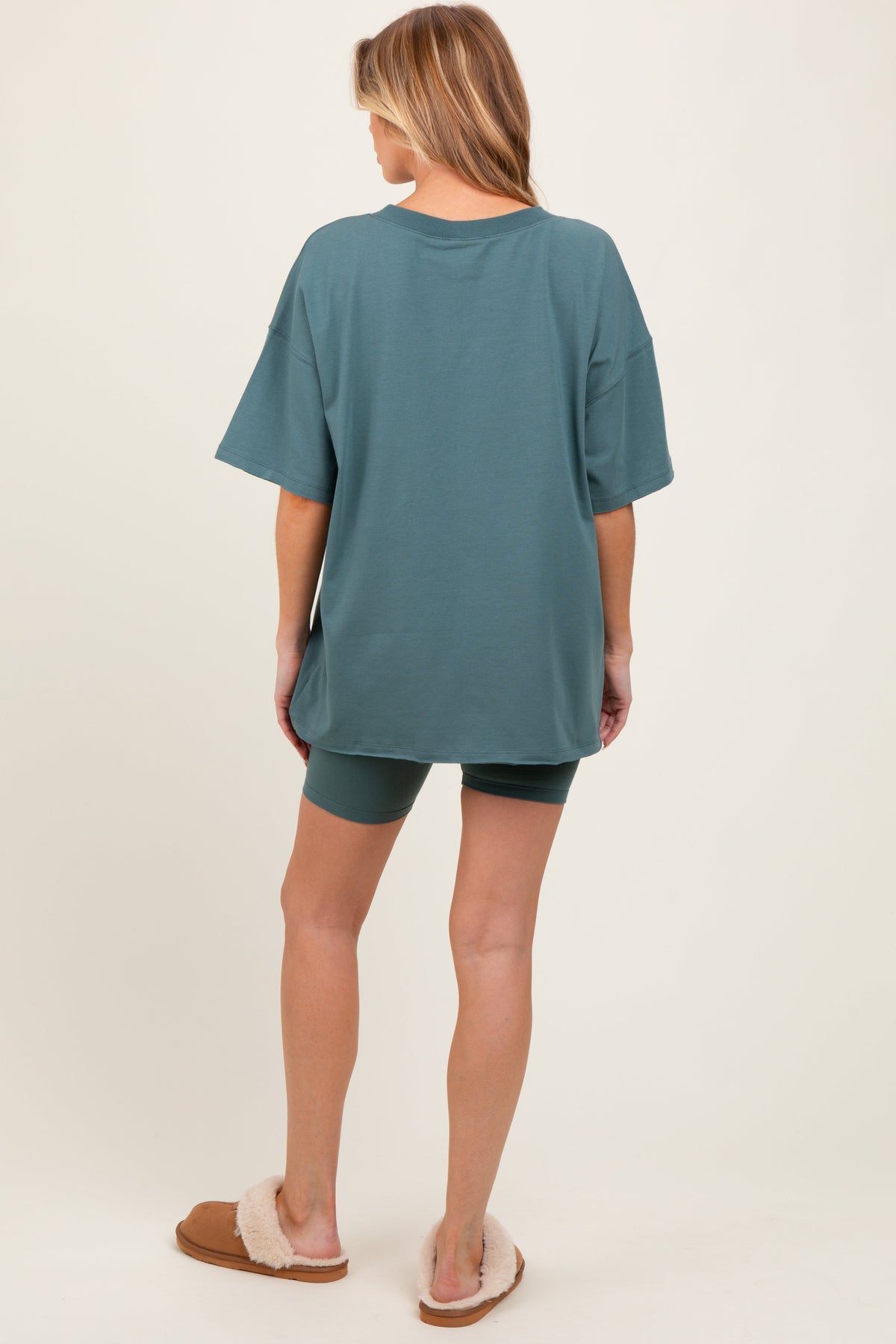Light Olive Oversized V-Neck Biker Short Maternity Set