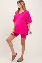 Fuchsia Oversized V-Neck Biker Short Maternity Set