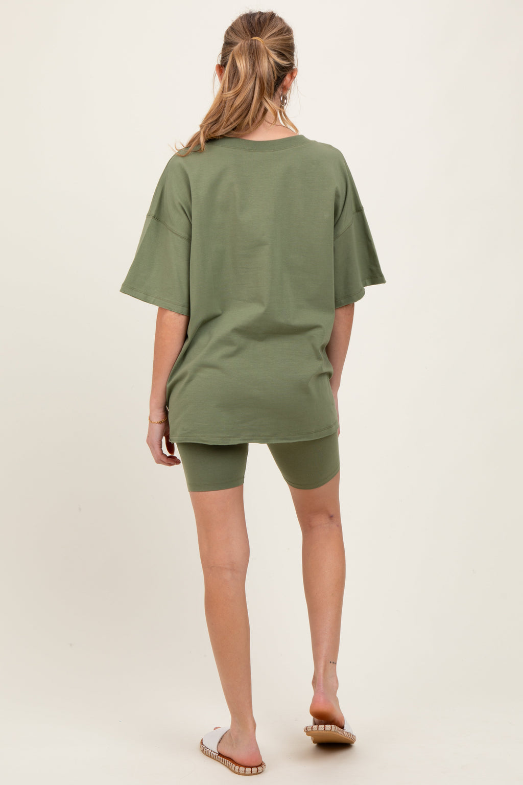 Olive Oversized V-Neck Biker Short Maternity Set