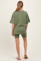 Olive Oversized V-Neck Biker Short Maternity Set
