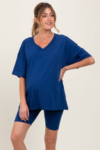 Light Navy Oversized V-Neck Biker Short Maternity Set