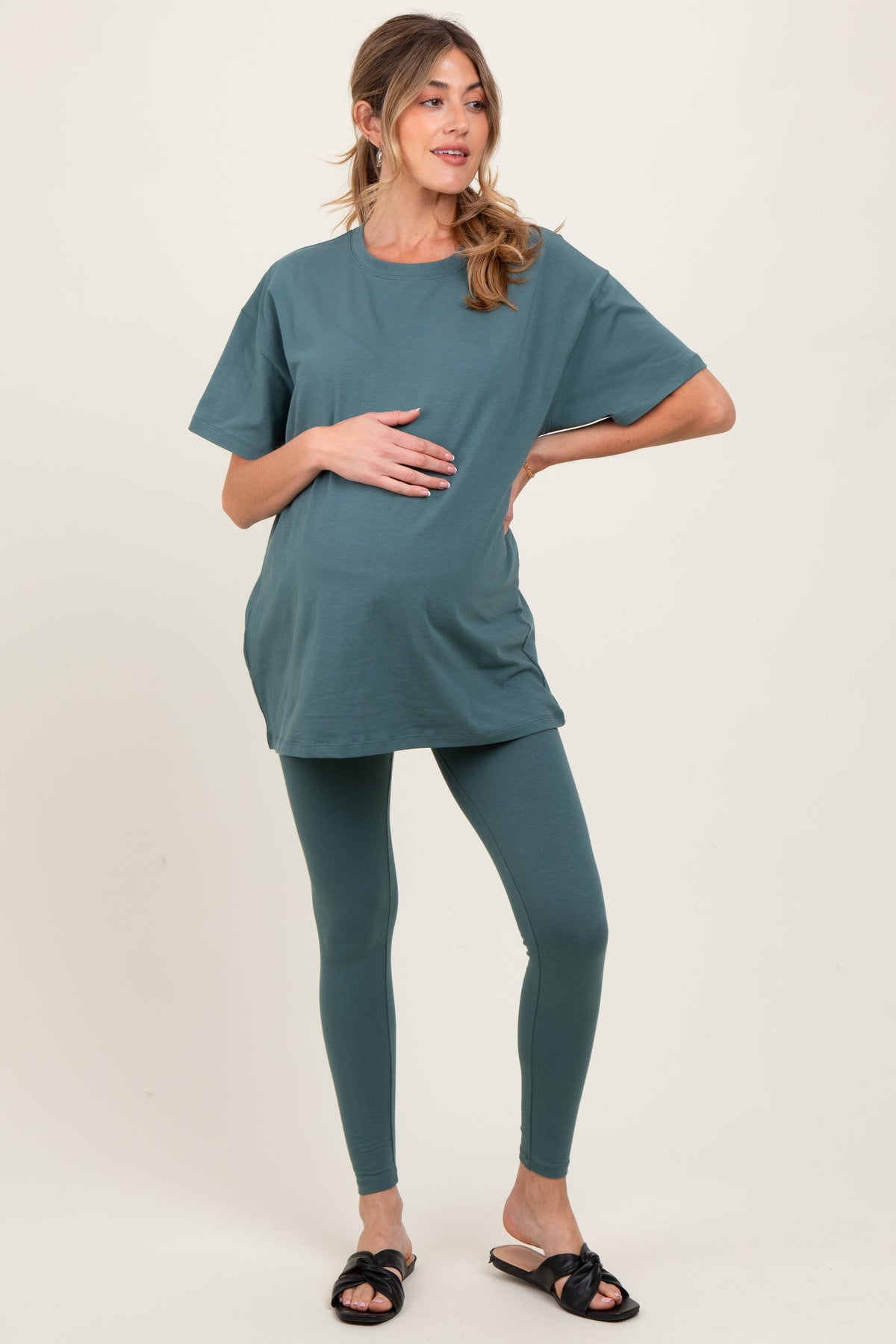 Light Olive Oversized Crewneck Short Sleeve and Legging Maternity Set