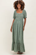 Light Olive Floral Lace Trim Smocked Maternity Maxi Dress