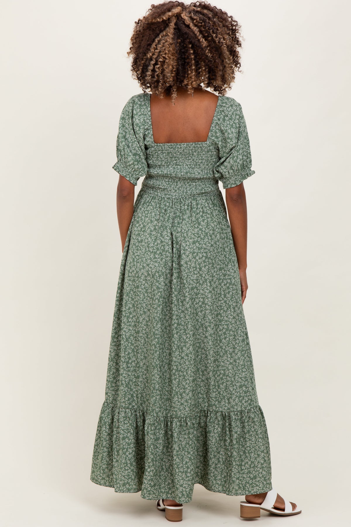 Light Olive Floral Lace Trim Smocked Maternity Maxi Dress