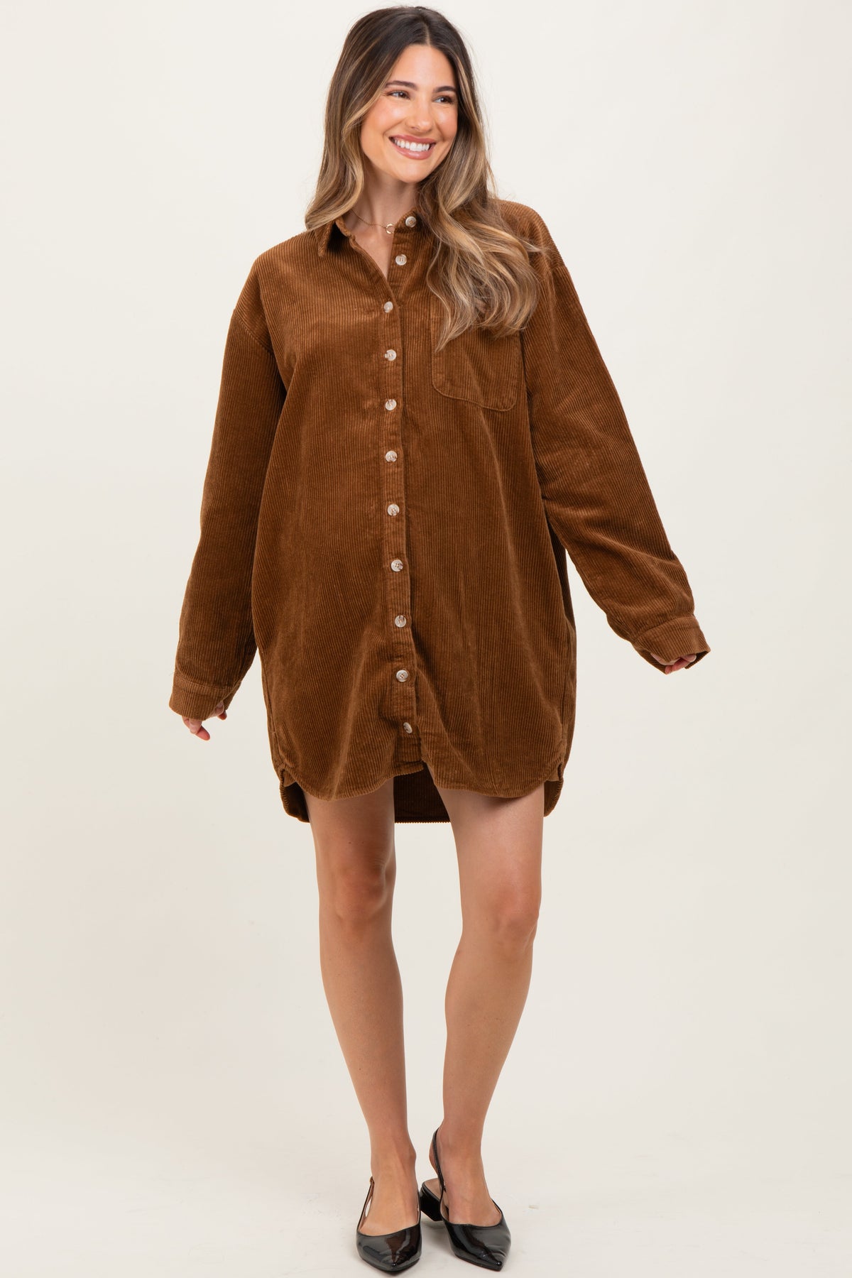 Camel Corduroy Maternity Shirt Mini Dress