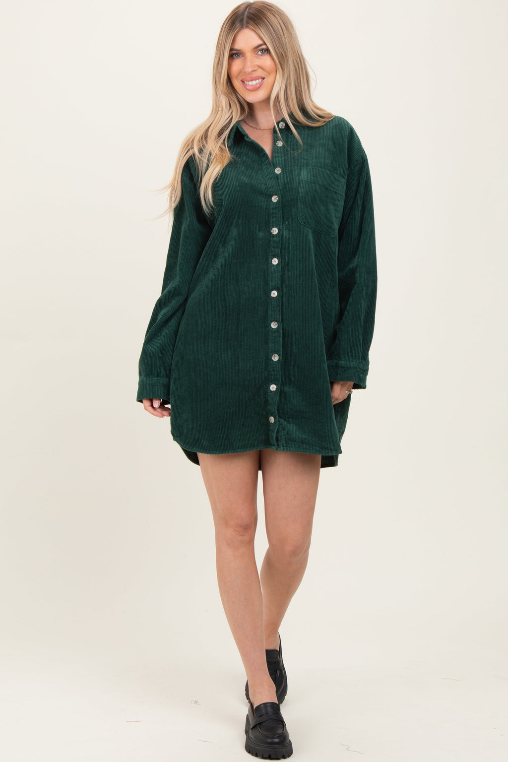 Forest Green Corduroy Maternity Shirt Mini Dress