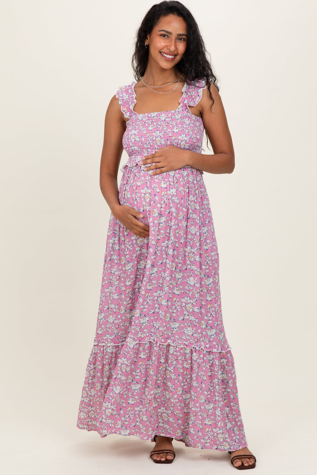 Mauve Floral Smocked Ruffle Accent Maternity Maxi Dress