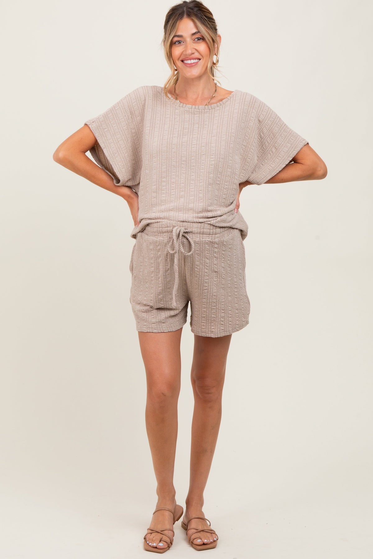 Taupe Textured Knit Dolman Sleeve Top Shorts Maternity Set