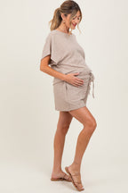 Taupe Textured Knit Dolman Sleeve Top Shorts Maternity Set
