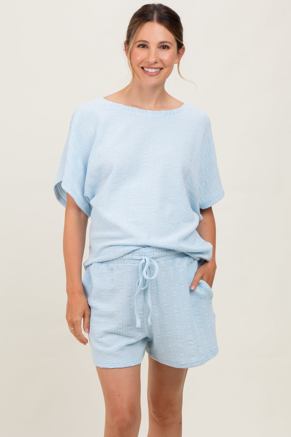 Light Blue Textured Knit Dolman Sleeve Top Shorts Maternity Set