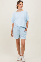 Light Blue Textured Knit Dolman Sleeve Top Shorts Maternity Set