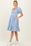 Blue Gingham Smocked Puff Sleeve Maternity Dress