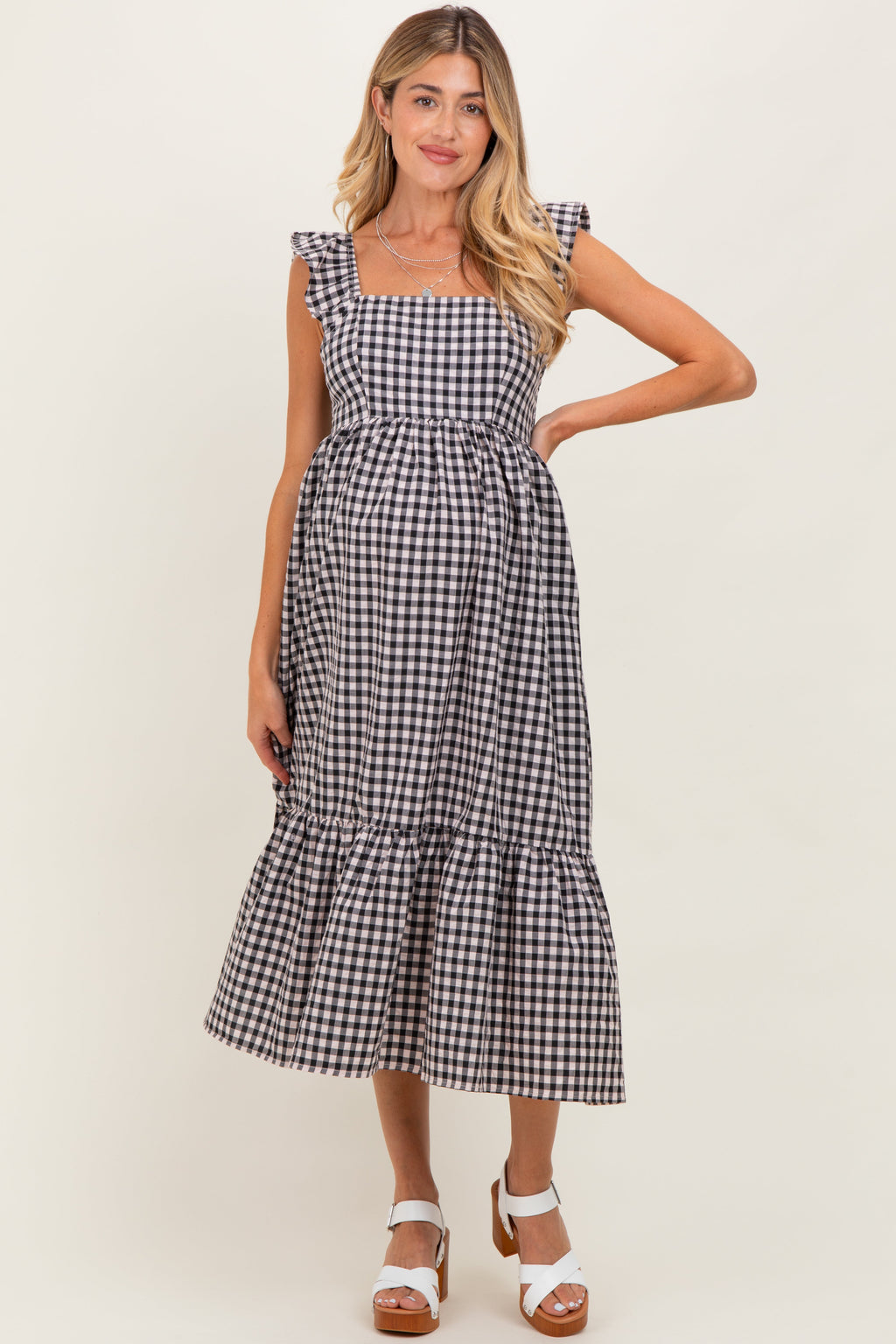 Black Gingham Ruffle Strap Maternity Midi Dress